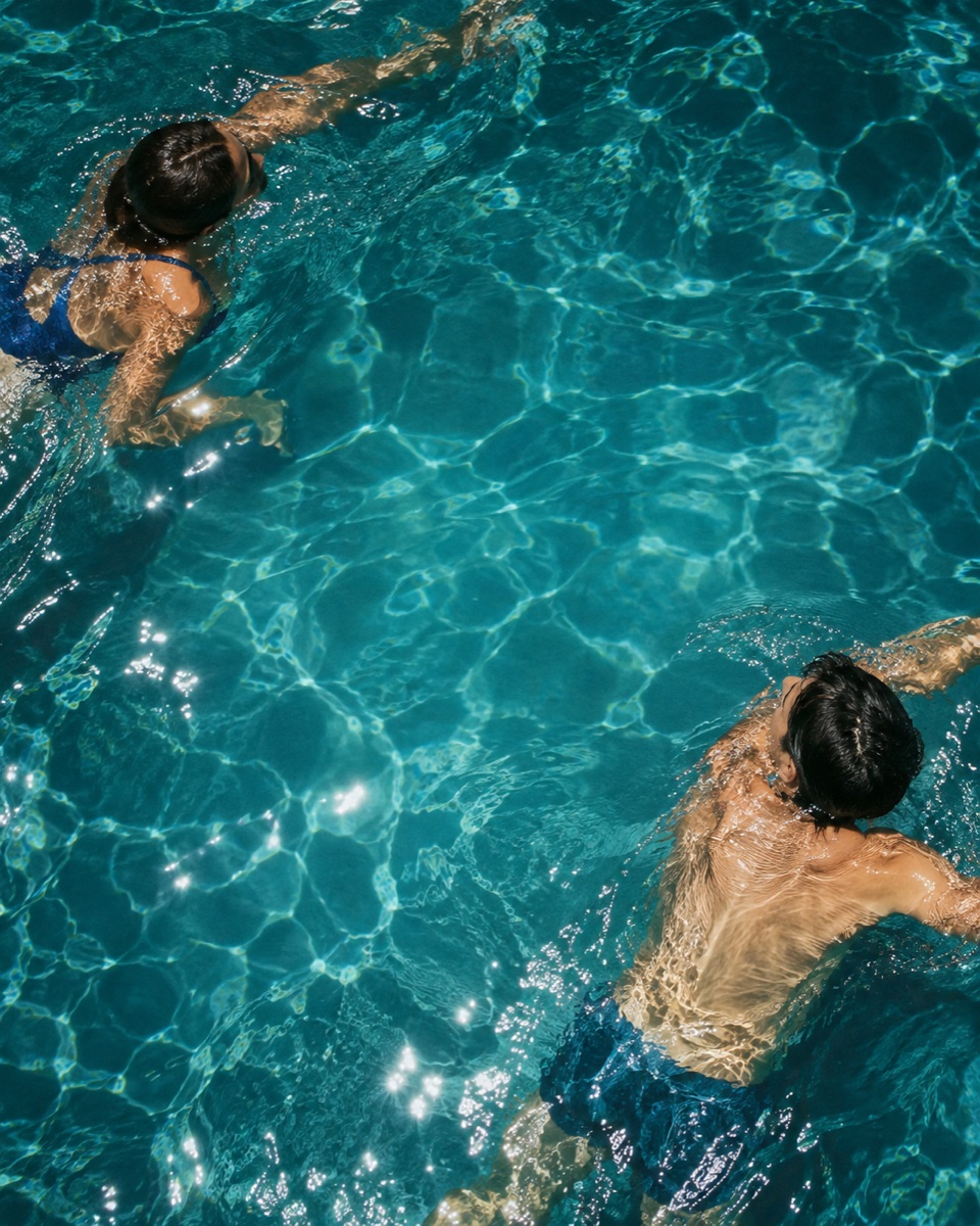 Two swimmers in turquoise water, photographed from above with flash glints.